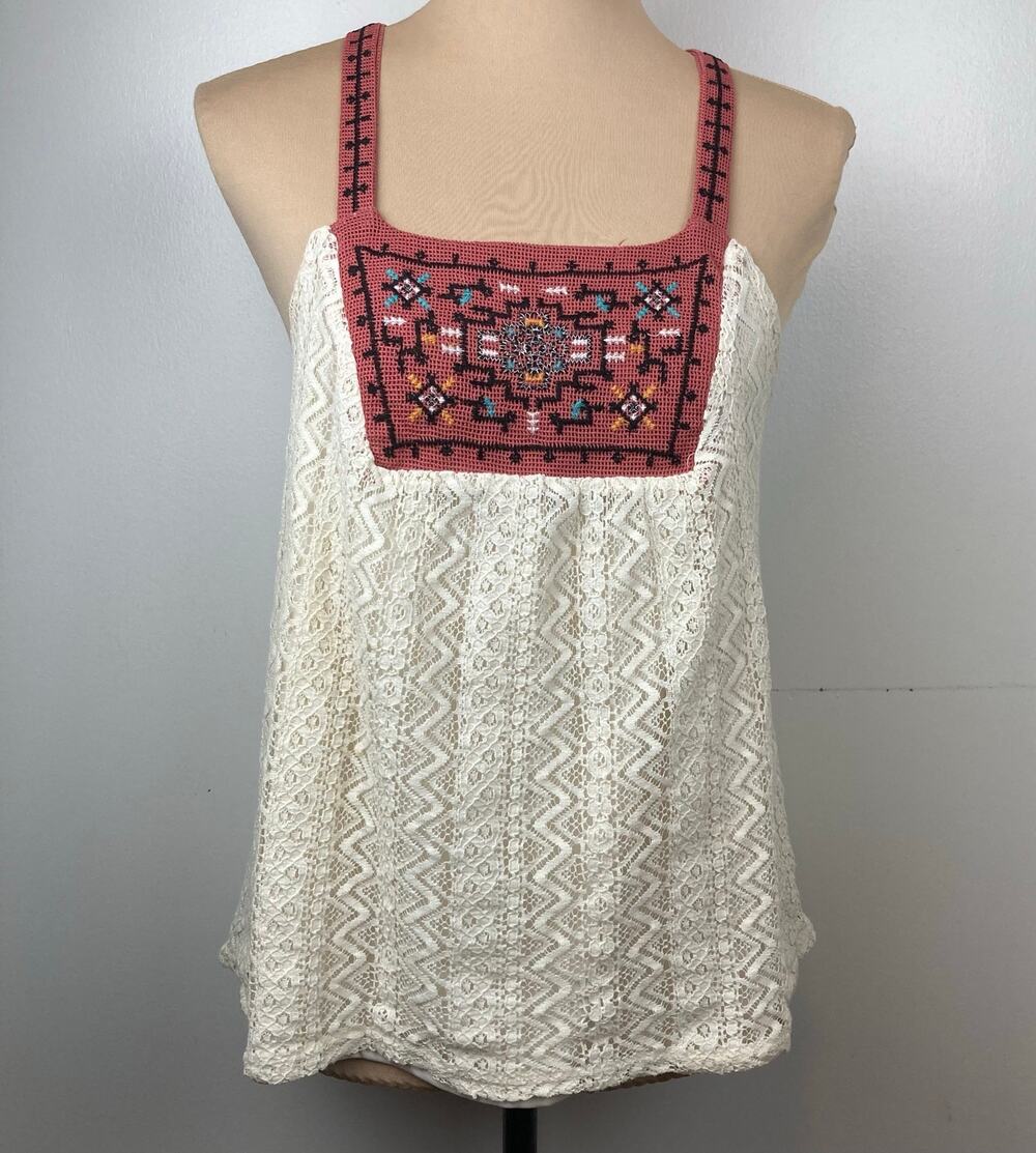 Xhilaration Embroidered Yoke Lace Tank Women M Cream Boho Folk Summer Festival